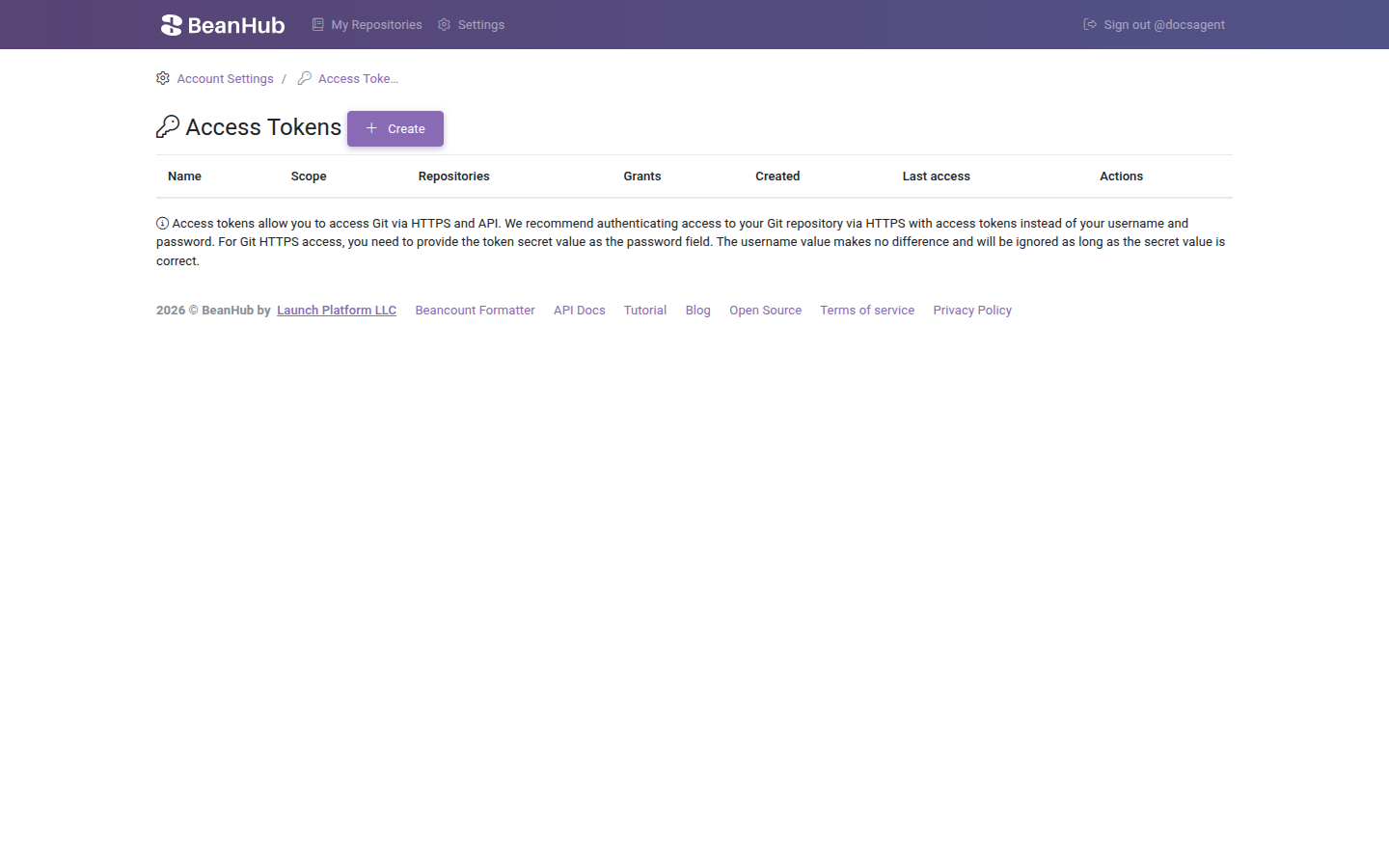 Access token list after create.