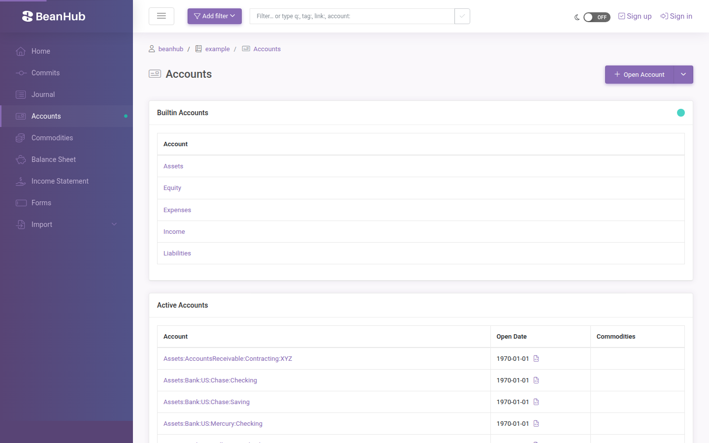 Accounts page with Open Account and a table of account names.
