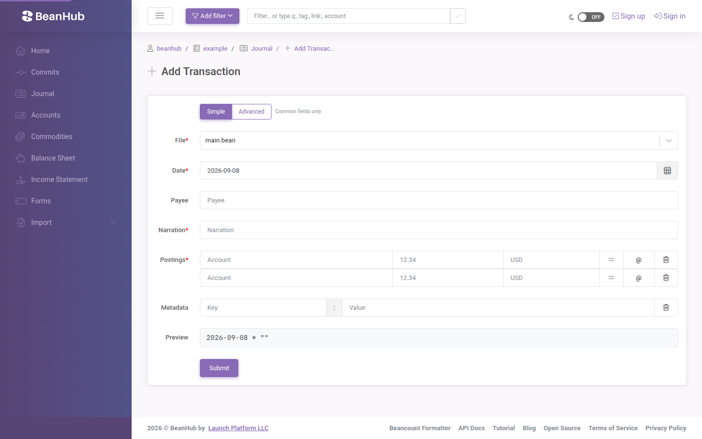 Add Transaction form with date, narration, and two postings.