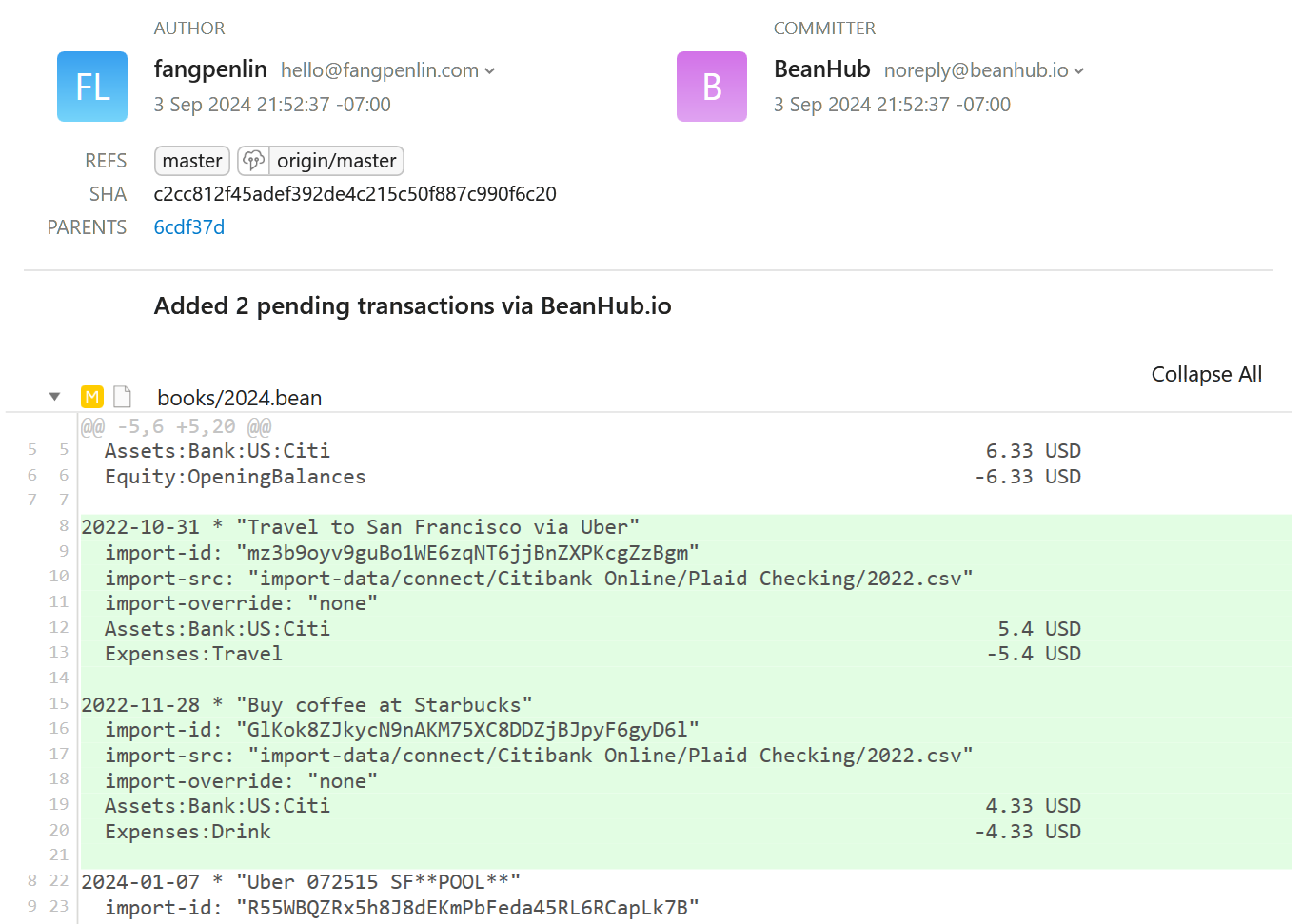 Commit diff showing a newly added Beancount transaction.