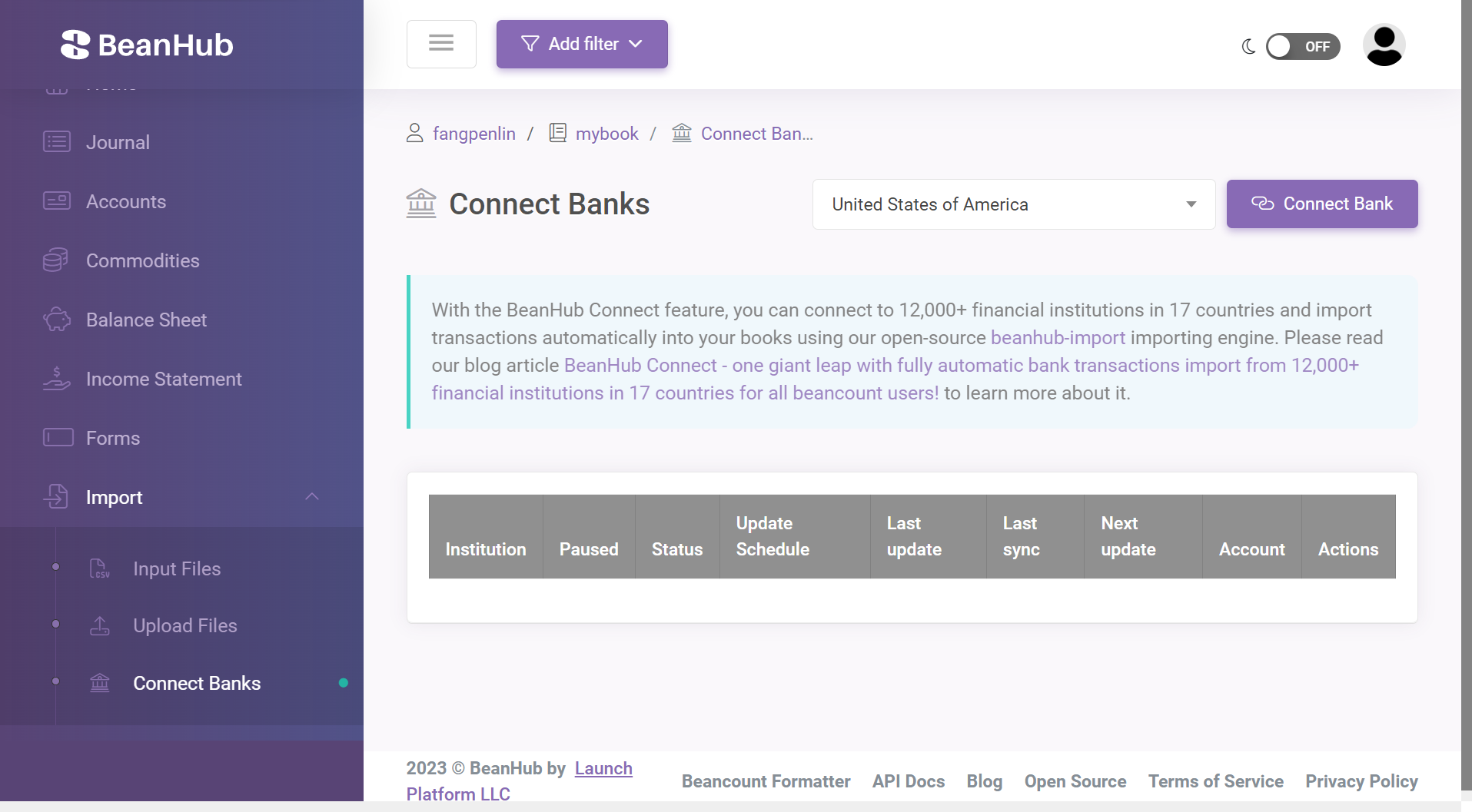 Connected Banks page with Connect Bank and a country selector.