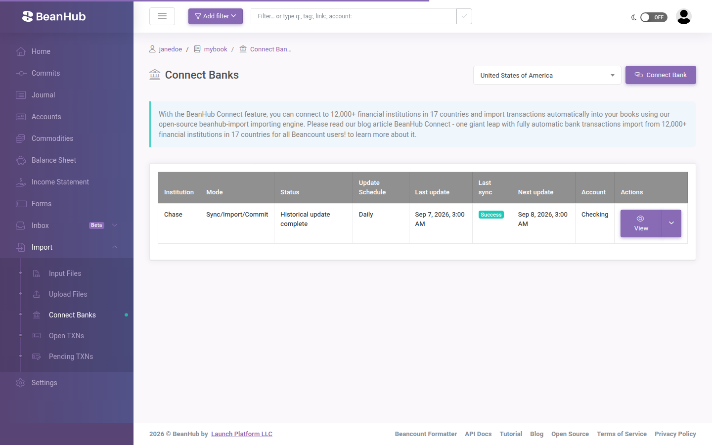 Connected Banks page with Connect Bank and a country selector.