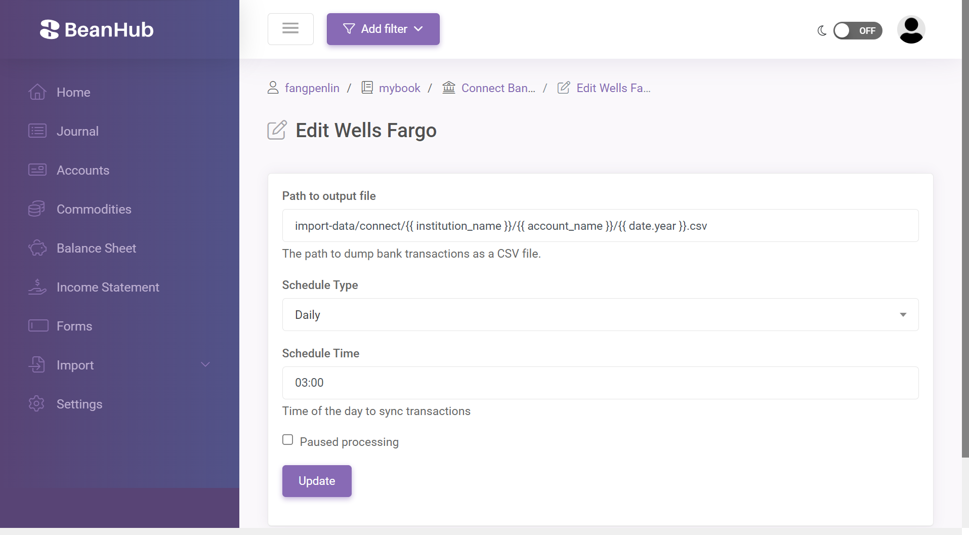 Edit bank connection: schedule and output path.