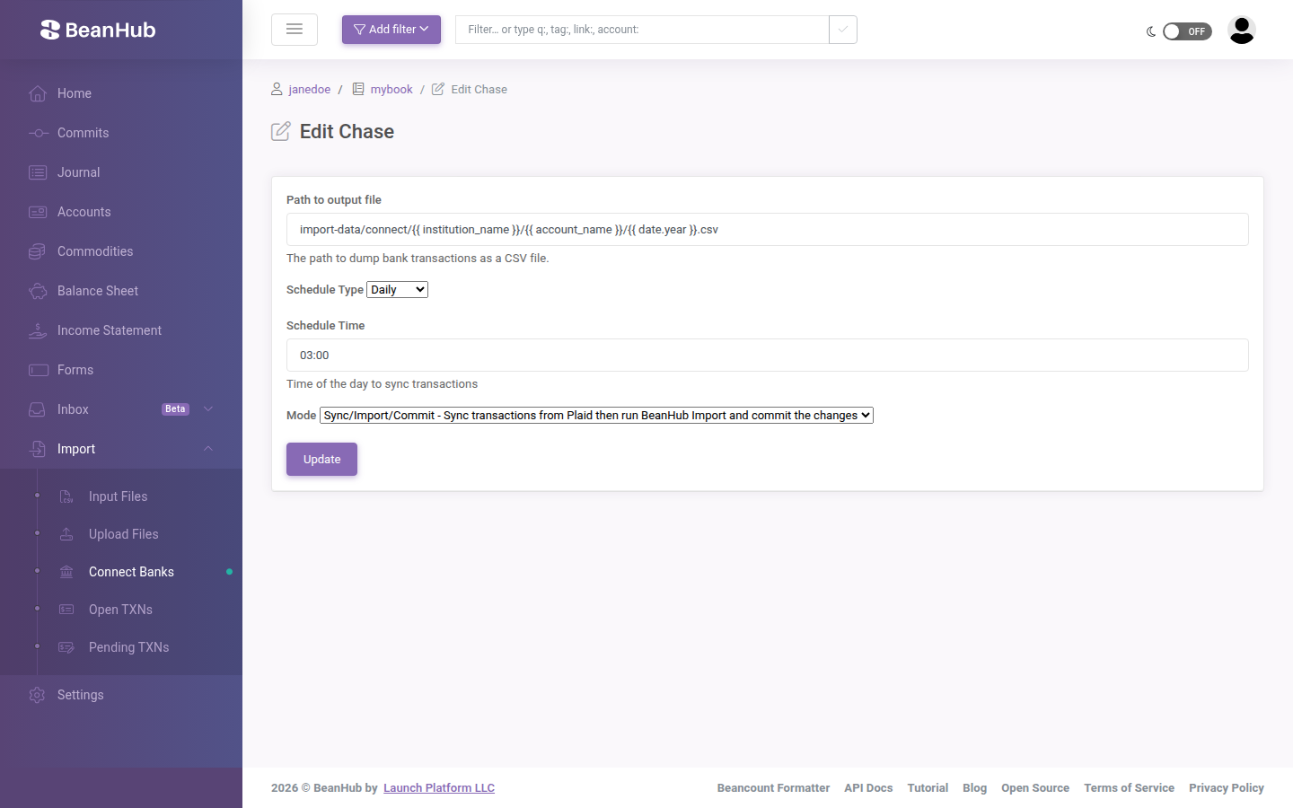 Edit bank connection: output path, schedule, and sync mode.
