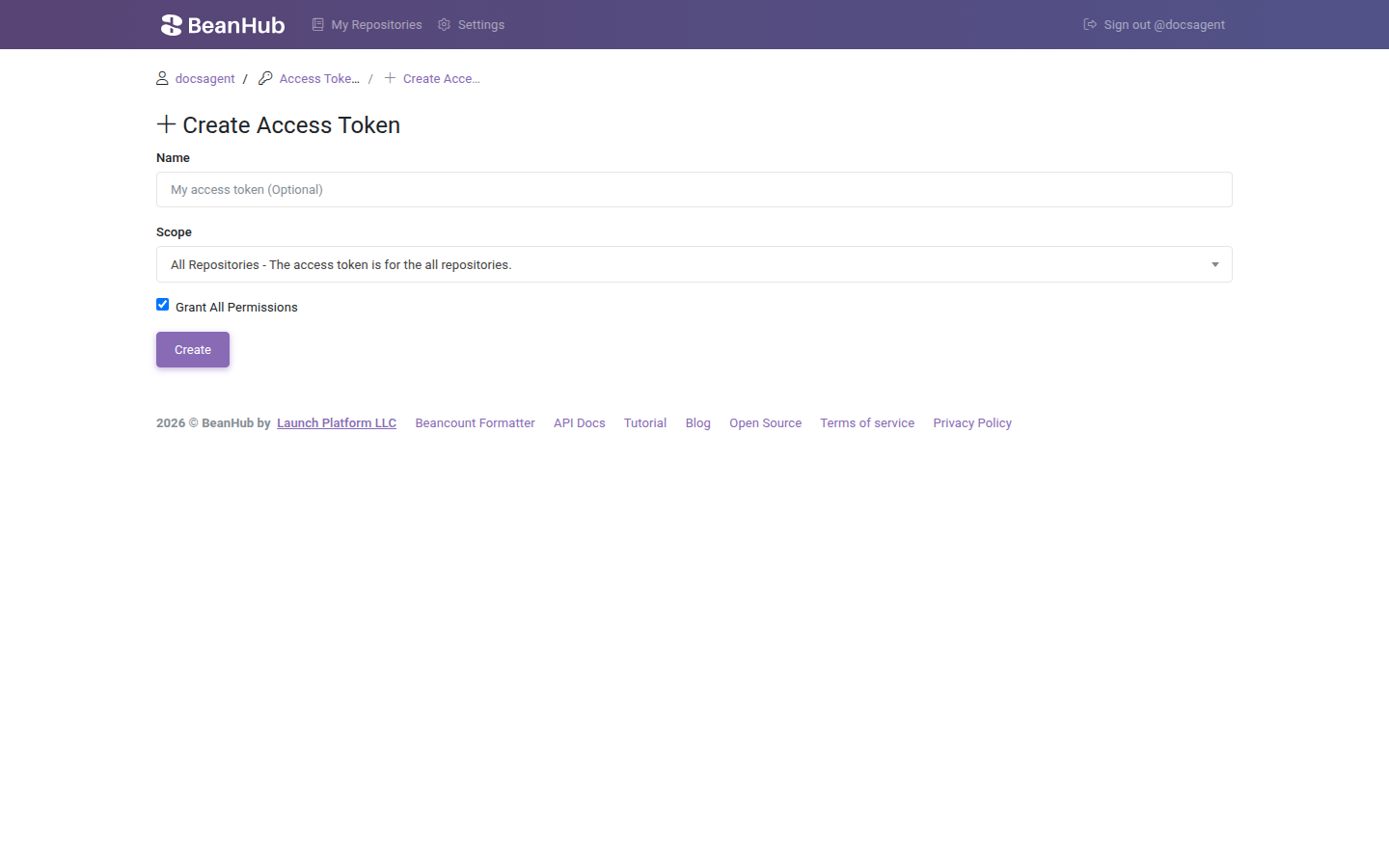 Create Access Token form with scope and Grant All Permissions.