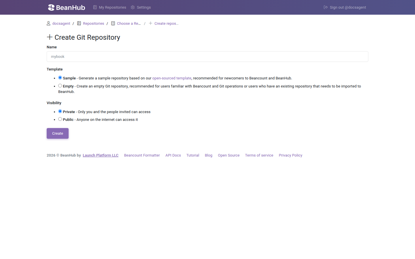 Create Git Repository form with name, Sample template, Private visibility, and Create.