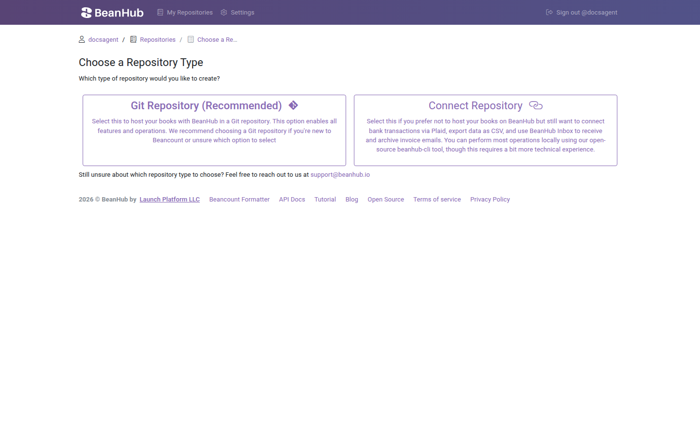Choose a repository type: Git Repository (Recommended) or Connect Repository.
