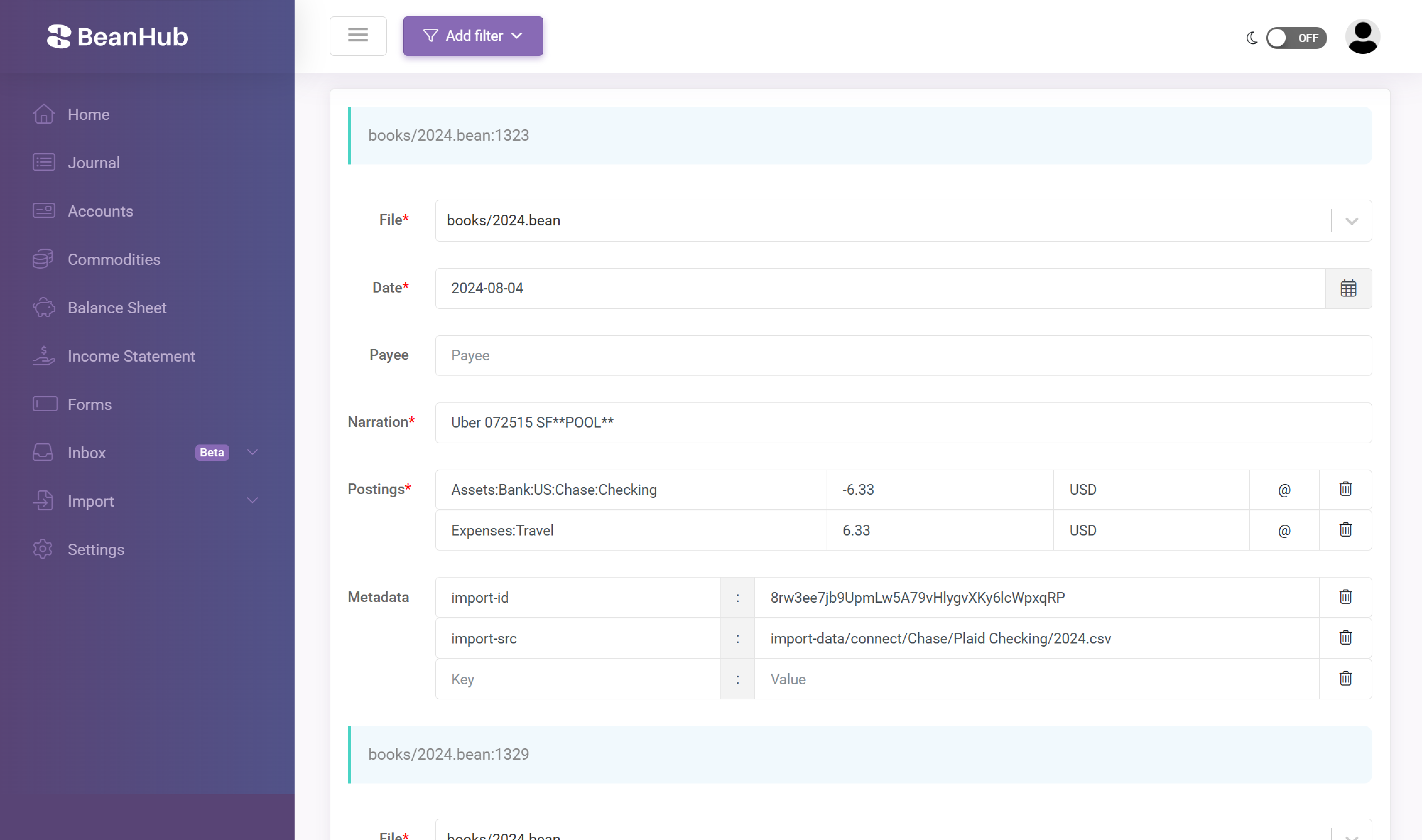 Edit entries form with a warning that the feature is still in development.