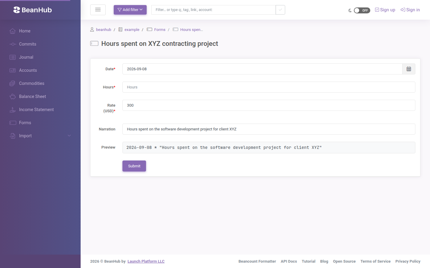 Filled custom form ready to submit.