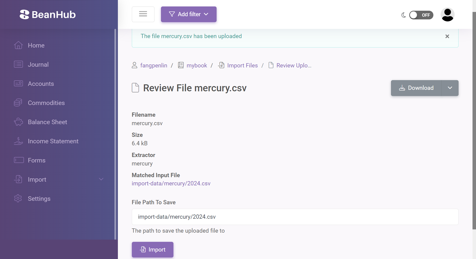 Review uploaded CSV with Import button.
