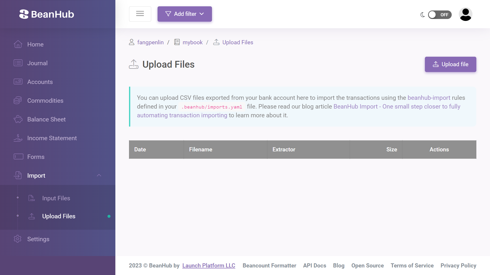 Import File Upload page with a CSV file picker.
