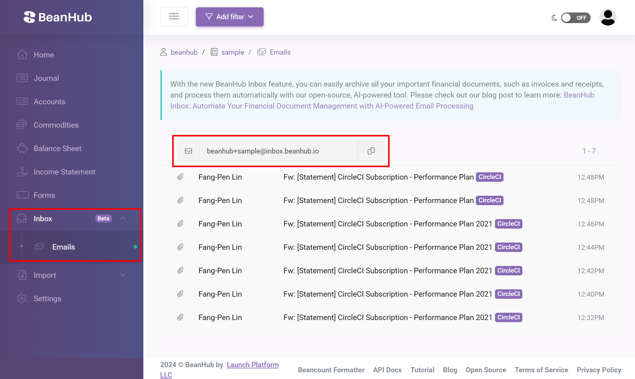 Inbox email list with the dedicated forwarding address.