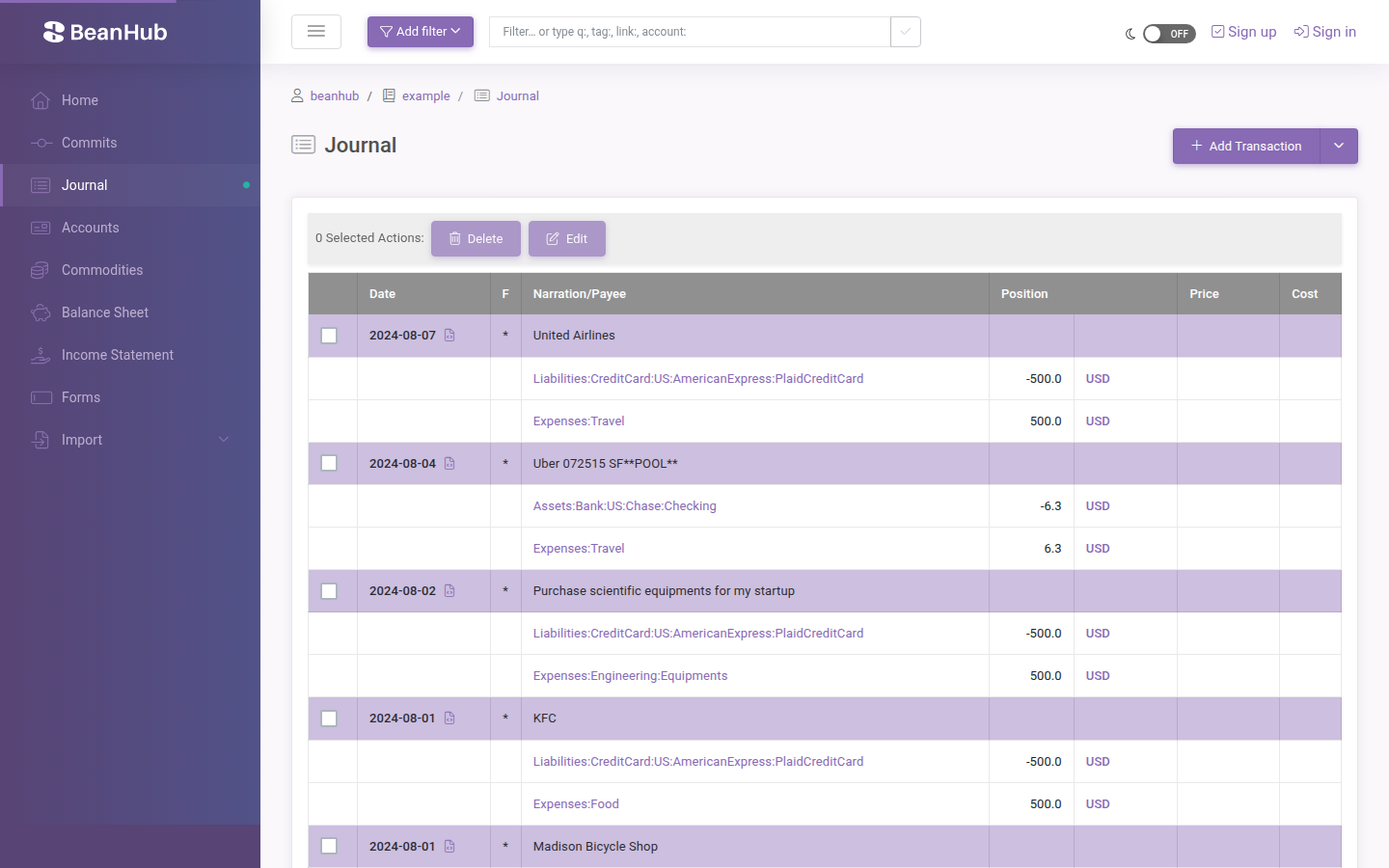 Journal page listing Beancount transactions with Add Transaction.
