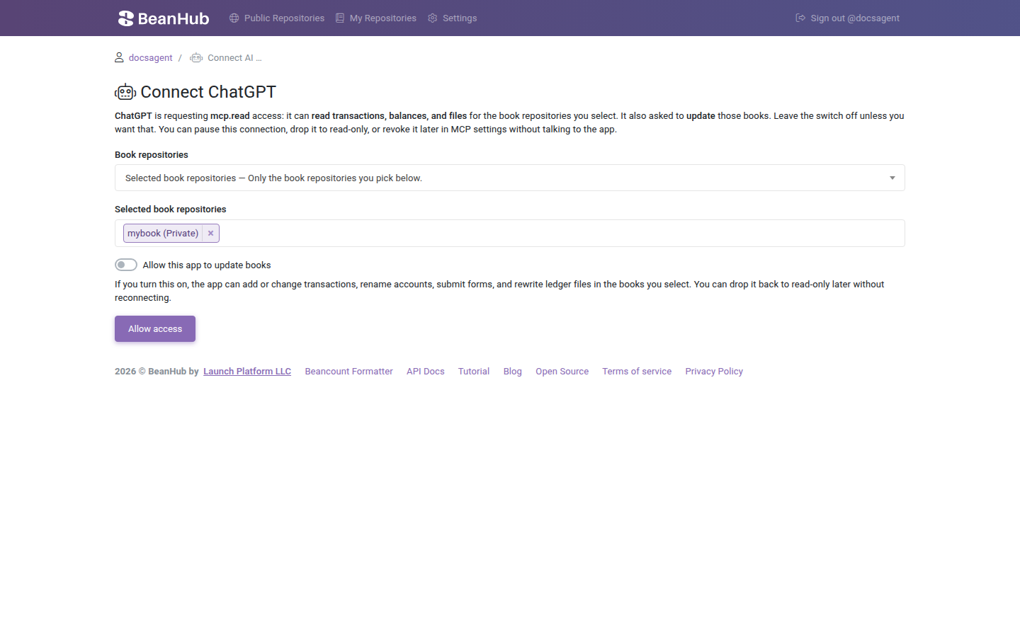 Connect ChatGPT page with Selected book repositories, mybook selected, Allow this app to update books off, and Allow access.