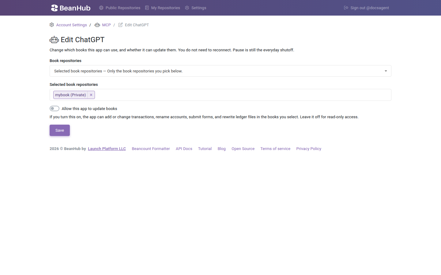 Edit ChatGPT page with Selected book repositories, mybook, Allow this app to update books off, and Save.