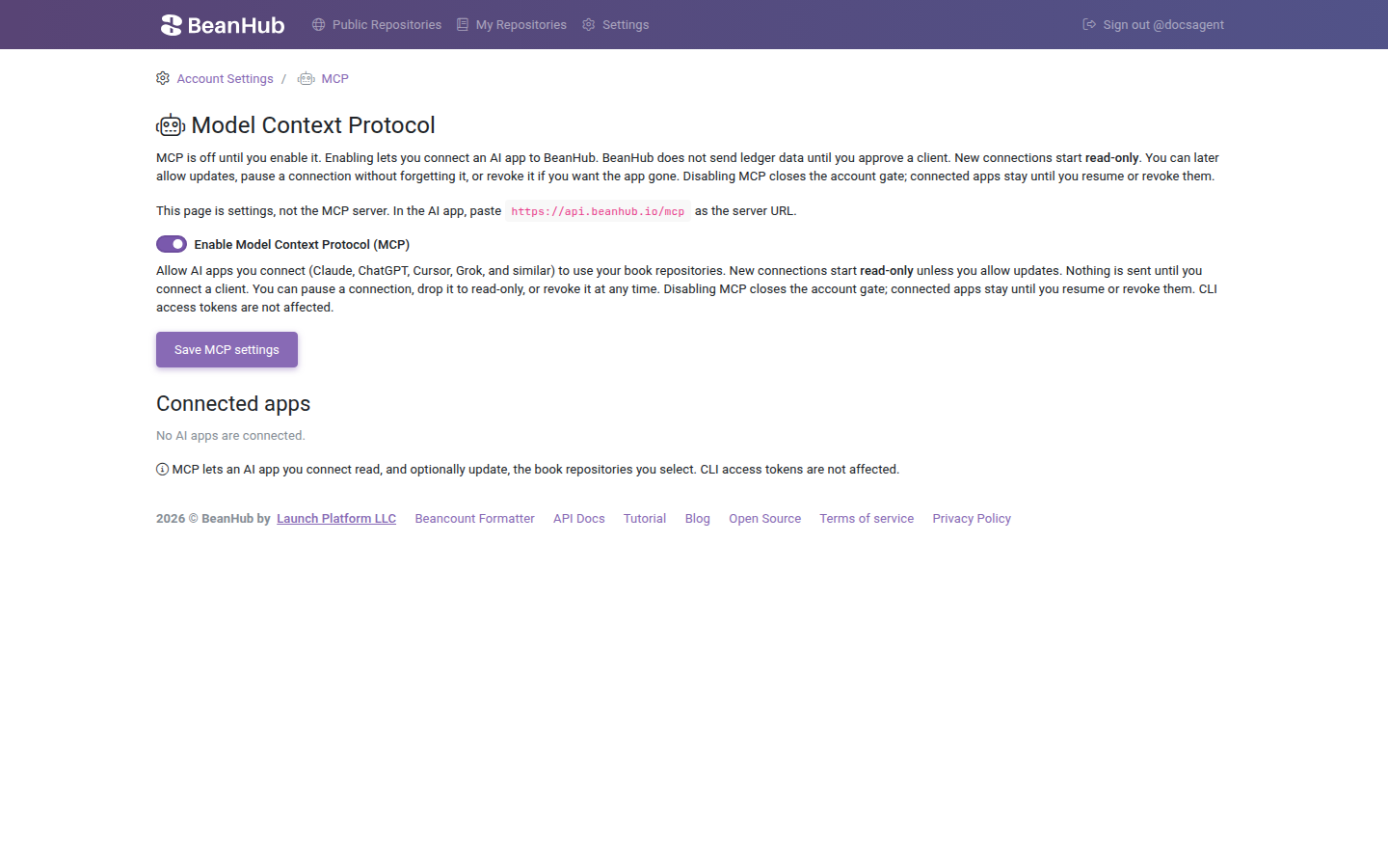 MCP settings with Enable Model Context Protocol turned on and the server URL https://api.beanhub.io/mcp.