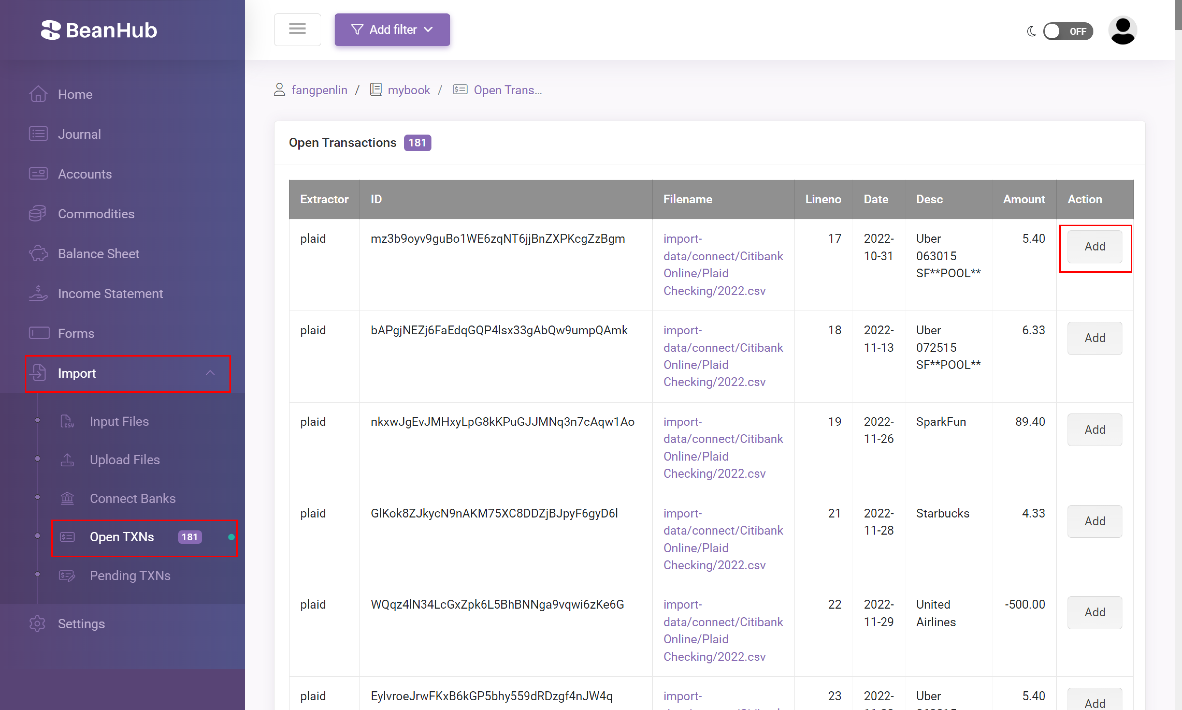 Open Transactions list with Add on each unmatched bank row.