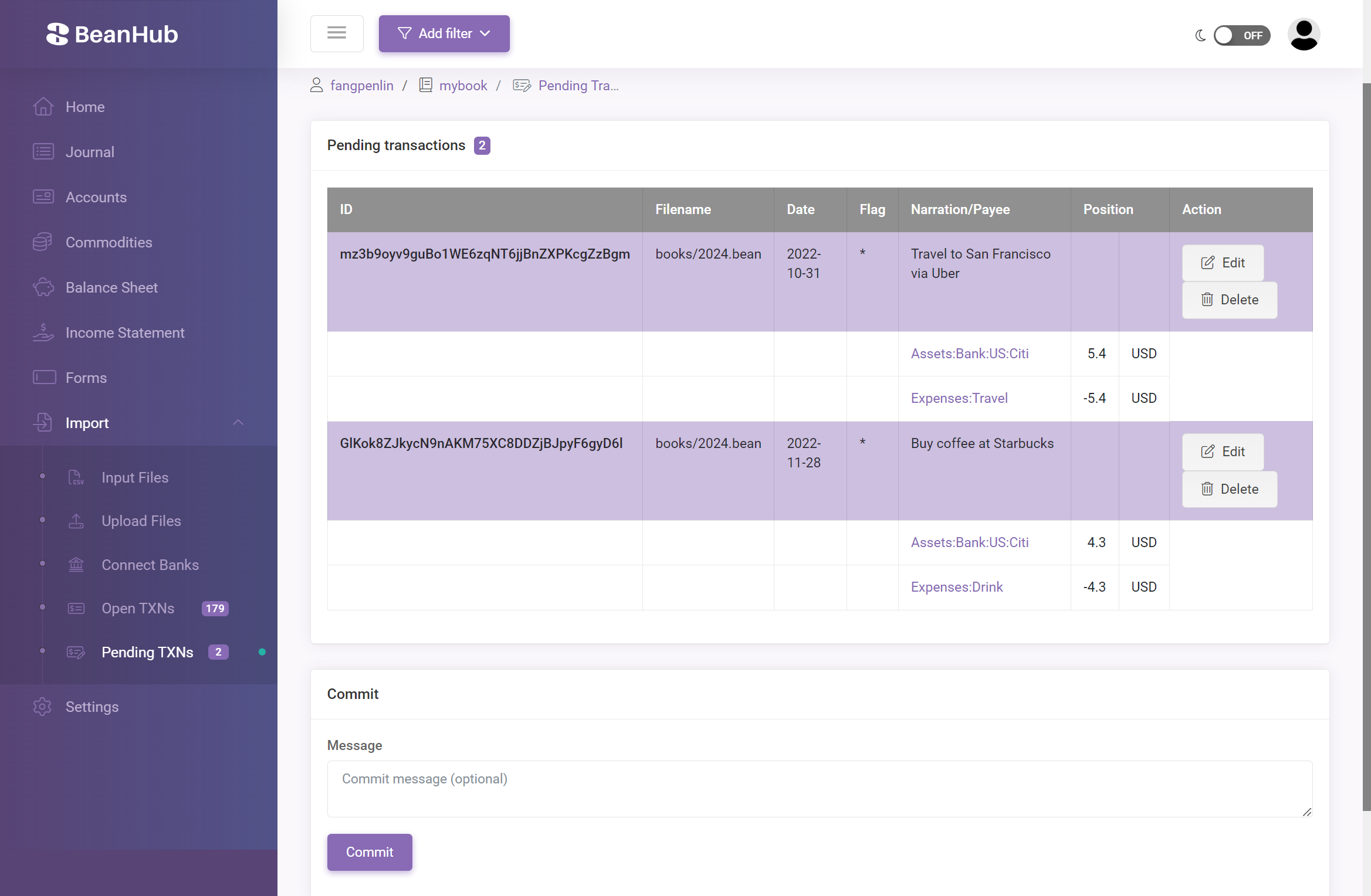 Pending Transactions page ready to commit.