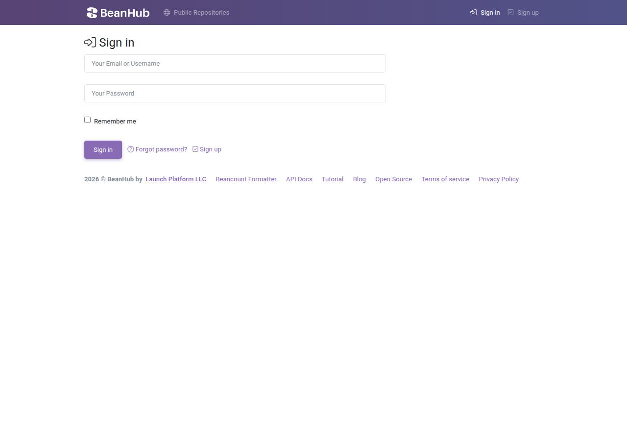 BeanHub sign in form: email or username, password, Remember me, Sign in.