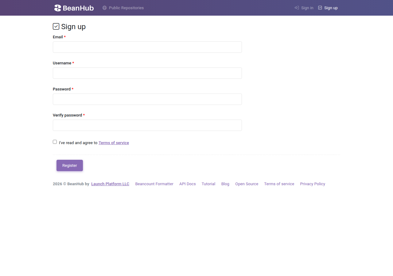 BeanHub sign up form: email, username, password, verify password, terms checkbox, Register.